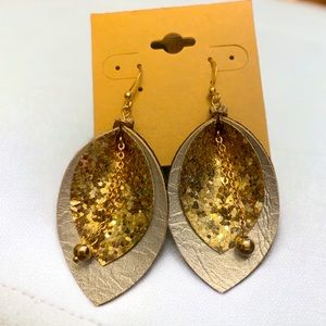 Faux leather gold and gunmetal teardrop earrings